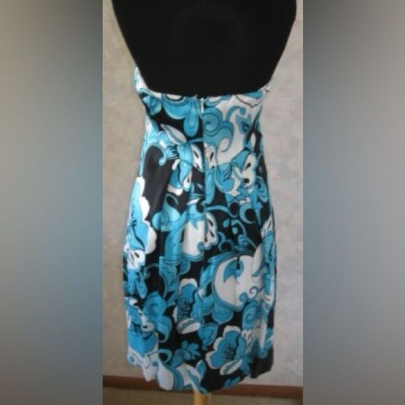 CACHE 4 Strapless Fully Lined 100% Silk Dress Blue/Blk/Wht Floral Cocktail Party - Picture 3 of 9